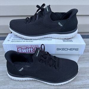 Skechers Womens 9 Hands Free Swift Fit Slip On Sneakers Black/White